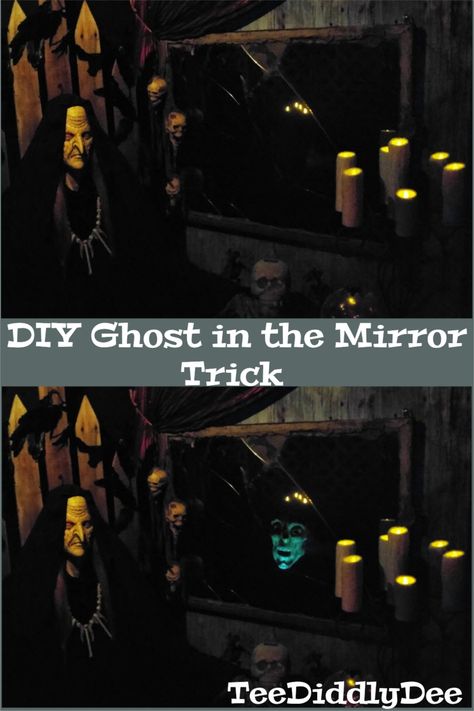 Halloween Party Props Diy, Infinity Mirror Diy Halloween, Ghost Coming Out Of Wall, Diy Halloween Photo Backdrop Scary, Diy Haunted Hallway Ideas, Scary Mirror Diy, Diy Halloween Mirror Decor, Ghost Mirror Diy, Haunted Mirror Diy