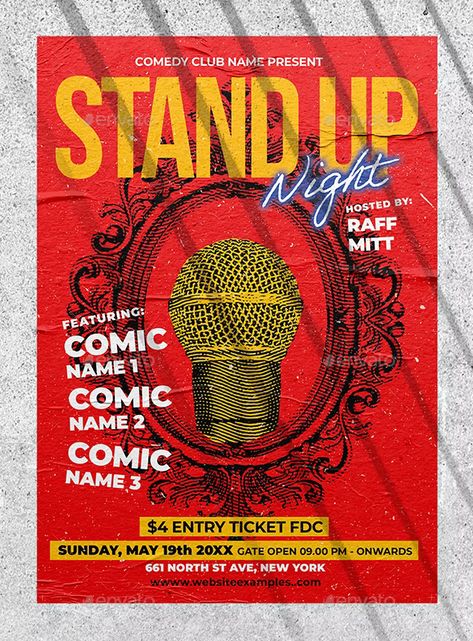 Stand Up Comedy Night - Poster Template, Print Templates | GraphicRiver Comedy Nights, Ad Poster, Event Poster Design, Design Maker, Flyer Poster, Business Card Maker, Flyer Maker, Stand Up Comedy, Event Poster