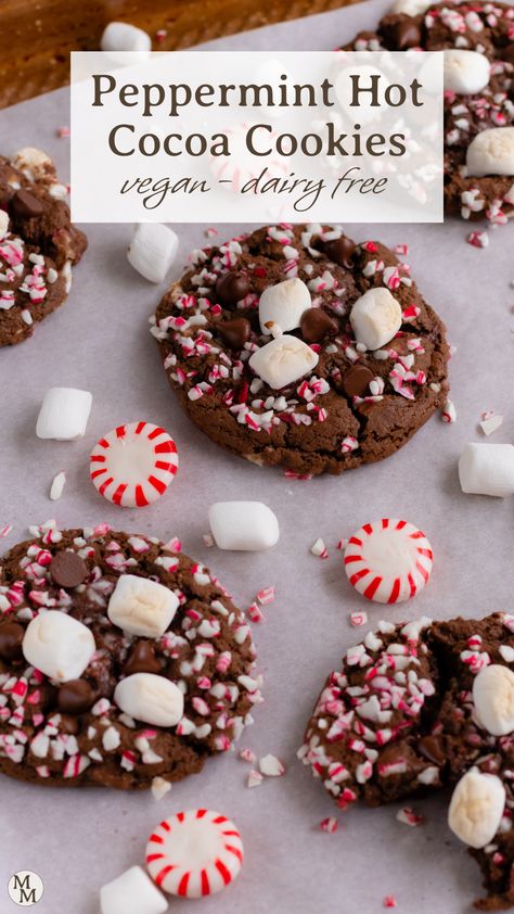 Christmas Cookies With Marshmallows, Hot Chocolate Peppermint Cookies, Hot Cocoa Meringue Cookies, Vegan Hot Cocoa Cookies, Hot Chocolate Cookies With Marshmallows, Peppermint Hot Cocoa Cookies, Marshmallow Surprise Hot Cocoa Cookies, Hot Chocolate Marshmallow Cookies, Vegan Munchies