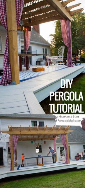 Make your backyard deck even more amazing this summer with this custom DIY pergola. Tutorial from The Heathered Nest on @Remodelaholic Ombra Pergola, Deck Pergola, Pergola Diy, Cheap Pergola, Backyard Shade, Pergola Ideas, Building A Pergola, Pergola Attached To House, Pergola Design