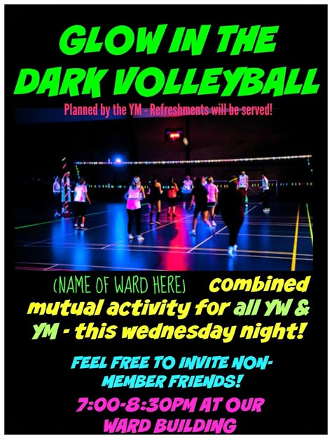 GLOW IN THE DARK VOLLEYBALLMy husband (YM Presidency) actually put this activity together for a combined ym/yw activity. Its not an original idea, of course, but it was a big hit. (It was hard to get Small Group Fundraiser Ideas, Summer Fundraising Ideas, Volleyball Fundraising Ideas, Glow Volleyball, Glow In The Dark Volleyball, Lds Youth Activities, Lds Young Women Activities, Volleyball Party, Mutual Activities