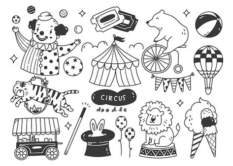 Circus Cartoon Illustration, Circus Drawing Reference, Carnival Doodles, Fair Doodles, Circus Drawing Sketches, Carnival Sketch, Circus Doodles, Circus Sketch, Circus Tent Drawing