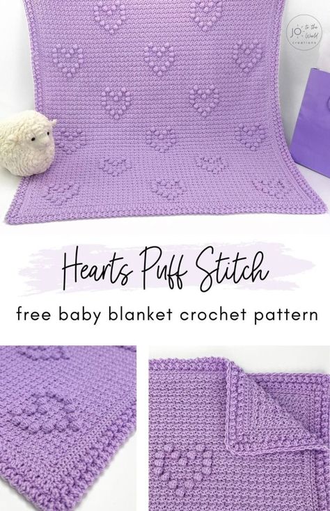 Hearts Puff Stitch Crochet Baby Blanket Pattern - Free | Jo to the World Creations Crochet Patterns Blankets, Heart Blanket Crochet Pattern, Crocheting Blanket, Bobble Stitch Crochet Blanket, New Crochet Patterns, Crochet Baby Blankets, Modern Haken, Baby Blanket Crochet Pattern Easy, Crochet Heart Blanket