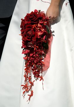 Cascading teardrop bouquet of red roses and James Story orchids