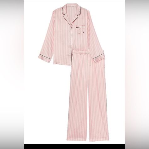 Nwt Victoria's Secret Satin Pj Set Iconic Pink Stripe Pajama Top & Pants Size Large Chill Fashion, Vs Pajamas, Satin Pajama Pants, Pink Outfits Victoria Secret, Satin Pj Set, Victoria Secret Pajamas, Striped Pyjamas, Satin Pyjama Set, Lingerie Dress