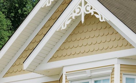 Gingerbread Trim and Scallops - Vinyl Siding Institute - VSI Victorian Gables On House Exterior, Vinyl Siding Styles, Exterior Cladding Options, Cleaning Vinyl Siding, Sas Entree, Siding Styles, Gingerbread Trim, Gable Trim, House Trim