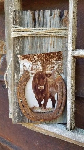 Can you tell nothing goes to waste here? One old horse shoe, left over scrap wood, some twine and 2 mismatched nails. Add in a photo of the steer down the road and it was perfect. Mismatched Nails, Western Bedroom Decor, Barn Siding, Western Bedroom, Horseshoe Crafts, Horse Bits, Horse Shoe, Diy Farmhouse Decor, Diy Farmhouse