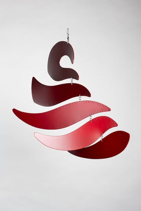 "Riding The Wave" defies  gravity. I love to stretch the balance point as fare as I can. The result is a beautifully spiraling mobile. The dark red powder coating gives it durability and strength. It can live anywhere in your home, especially where air is circulating through your space.  Explore the website for many more options. I am happy to video chat with you to show the piece and discuss the best material for your space and it's  placement. Diy Mobile, Kinetic Art, Kinetic Sculpture, Stainless Steel Rings, Dark Red, I Am Happy, The Darkest, Visual Art, Original Art