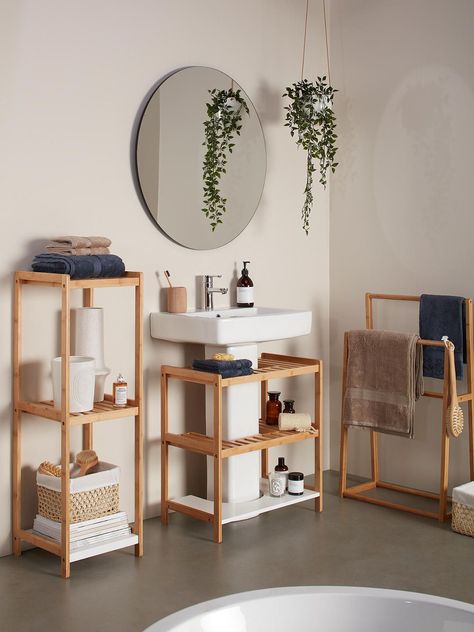 Bamboo Shelf Bathroom, Bathroom Without Storage, Bathroom Decor Bamboo, Bathroom Bamboo Decor, Bathroom Space Ideas, Bathroom Standing Shelf, Under Sink Shelves, Bathroom Bamboo, Bamboo Shelves