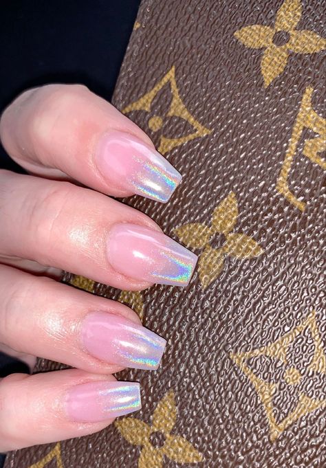 Pink And White Holographic Nails, Irridescent Nails Coffin, Opal Ombre Nails, Iridescent Ombre Nails, Holligraphic Acrylic Nails, Irisdecent Nails, Holographic Tip Nails, Irradecent Acrylic Nails, Iredesant Nails Pink