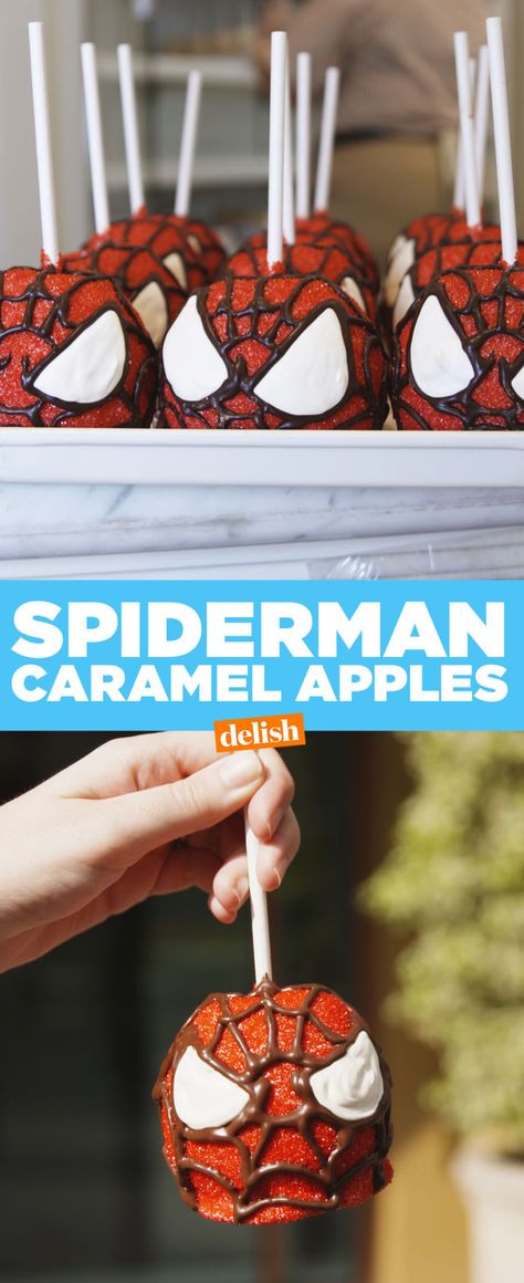 Spider-Man Caramel Apples Are Every Bit As Captivating As The Blockbuster Movie - Delish.com Halloween Candy Apples, Spider Man Candy Apples, Doc Ock, Truffle Ideas, Fruit Decoration, Fruit Logo Design Ideas, Avenger Birthday Party, Spiderman Party, Avengers Birthday