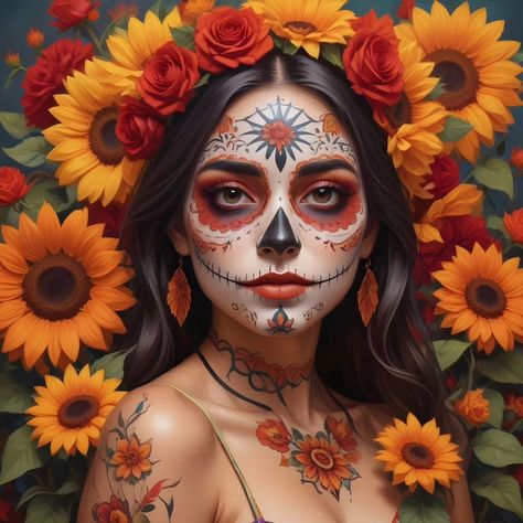 Dia De Los Muertos Face Paint Ideas, Dia De Los Muertos Makeup Ideas, Sugar Skull Birthday, Woman With Dark Hair, Skull Birthday, Dead Makeup, Halloween Makeup Inspiration, Halloween Costumes Makeup, Skull Face