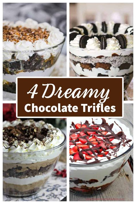 Chocolate lovers rejoice with our 4 Dreamy Chocolate Trifles! Everyone loves trifles, especially when chocolate is on the scene! Trifles are elegant desserts that are sure to make your special occasion a celebration!  Trifles have layers of all kinds of yummy desserts like cakes, mousses, brownies, fruits, puddings and there is always lots of fluffy whipped cream involved! #chocolate #trifles #chocolatetrifles #layereddesserts #trifledesserts #desserts Chocolate Trifles, Chocolate Oreo Cheesecake, Trifle Bowl Recipes, Trifle Dessert Recipes, Brownie Trifle, Chocolate Trifle, Trifle Desserts, Layered Desserts, Trifle Recipe