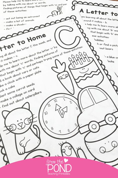 A Letter Home for Kindergarten Homework - 26 easy prep homework pages for the alphabet Prek Homework Ideas, Preschool Homework Printables, Homework Ideas For Preschool, Preschool Homework Ideas, Easy Kindergarten Centers, Easy Kindergarten Activities, Homework For Preschoolers, Jk Activities, Ela Rotations