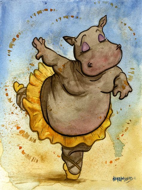 Dancing Animals Illustration, Hippopotamus Drawing, Hippo Drawing, Dancing Animals, Prima Ballerina, Cute Hippo, Rhinos, The Hours, Happy Paintings