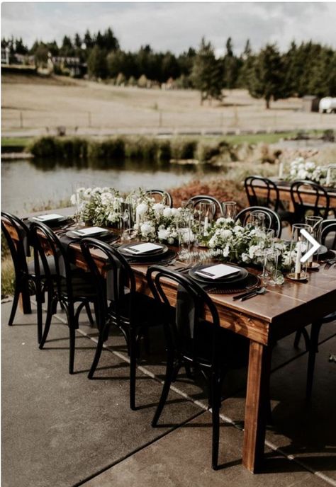 Dinner Chairs Black Chairs Wedding, Black Wedding Table Setting, Black Wedding Table, Dinner Chairs, Wedding Reception Chairs, Chairs Wedding, Courtyard Wedding, Dinner Chair, Forest Theme Wedding