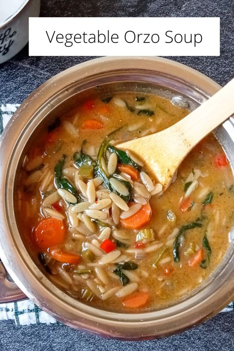 An overhead shot of a pot full of vegetable orzo soup with a wooden spoon on a tablecloth. Beside it there is an empty bowl and a silver spoon Vegan Orzo Soup, Orzo Vegetable Soup, Vegetable Orzo Soup, Carrots And Spinach, Vegetable Orzo, Pasta Seasoning, Soup For Dinner, Orzo Soup, Flavorful Vegetables