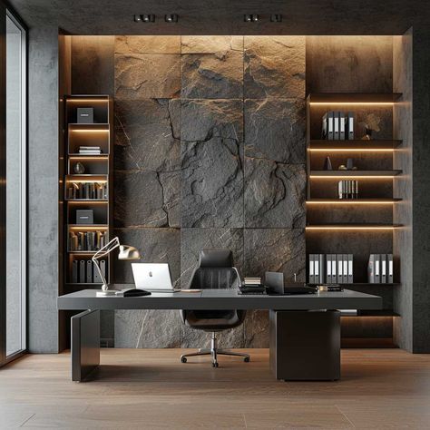 Interior Stacked Stone Accent Walls, Office Back Wall, Stone Accent Wall Ideas, Executive Office Design Interior, Stone Accent Wall, Executive Office Design, Dental Office Design Interiors, Accent Wall Ideas, Modern Home Offices