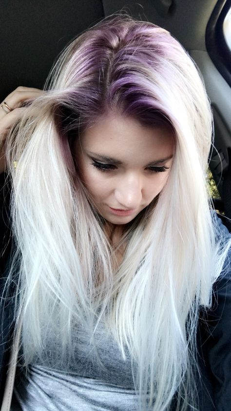 Purple hair purple roots Purple Hair Blonde Roots, Blonde Hair With Purple Roots, Dark Purple Roots Blonde Hair, Half Blonde Half Purple Hair, Purple Roots Blonde Hair, Purple Roots, Blonde Hair Purple Roots, Purple Shadow Root Blonde, Icy Purple Blonde Hair