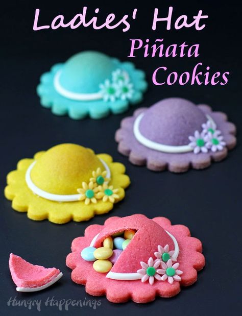 These Ladies' Hat Piñata Cookies will make a lovely dessert for Mother's Day, a Kentucky Derby Party, or even a bridal shower. Piñata Cookies, Pinata Cookies, Colored Cookies, Beaux Desserts, Dessert Original, Candied Almonds, Hat Cookies, Ladies Hats, Edible Crafts