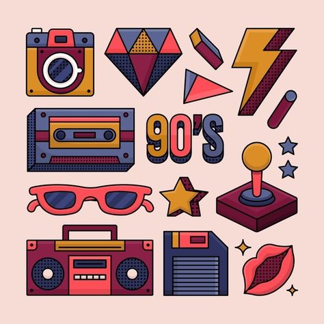 Flat nostalgic 90's elements collection ... | Premium Vector #Freepik #vector #colorful #elements #flat-design #design-elements Graphic Design 90s, 90s Drawings, 90s Elements, 90s Graphic Design, Retro Elements, Graphic Design Style, Retro Tech, Minimalist Font, Nostalgic Design