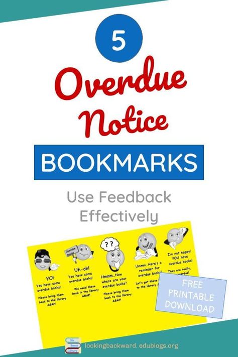 Alert students to overdues during school library book checkout with these humorous bookmarks. Learn how this simple feedback mechanism results in higher returns than traditional overdue notices. Download the FREE template & print your own on colorful paper! | No Sweat Library Librarian Career, Brooklyn Library, School Library Lessons, Library Bookmarks, Elementary Books, Library Media Center, Elementary School Library, Library Posters, Library Skills