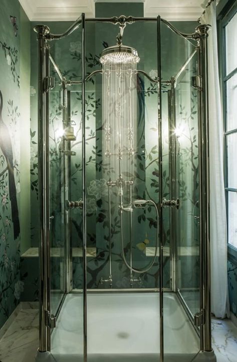 Art Deco | Renovated 1920s bathroom Log Home Bathroom Ideas, Glamourous Bathrooms, Cabin Bathroom Ideas, Log Cabin Bathroom Ideas, Log Home Bathroom, Rock Interior, Log Cabin Bathroom, Home Bathroom Ideas, 1920s Bathroom