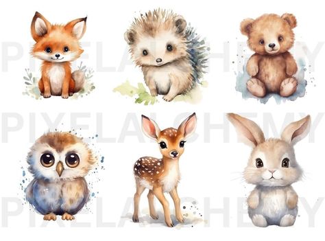 Oliver Nursery, Woodland Creatures Art, Forest Animals Illustration, Watercolor Nursery Animals, Woodlands Nursery, Watercolor Woodland Animals, Woodland Clipart, Woodland Animal Art, Woodland Nursery Wall Art