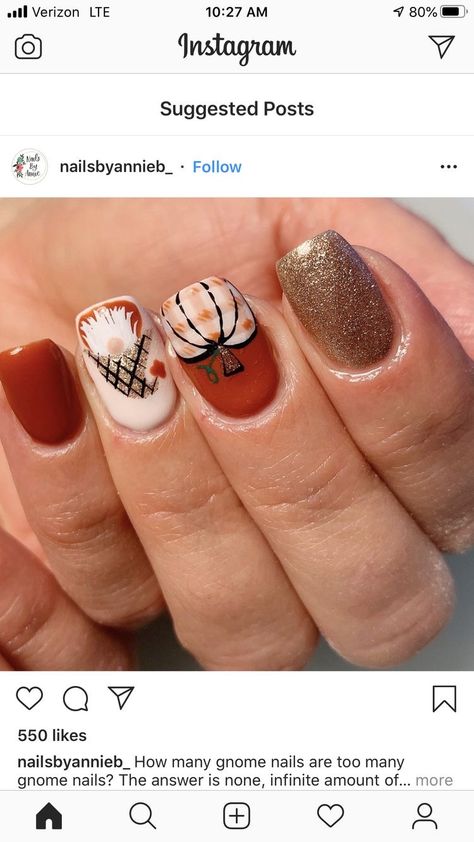 Thanksgiving Nails Fall Square, Fall Plaid And Leaf Nails, Gnome Thanksgiving Nails, Gnome Nail Designs Fall, Thanksgiving Nail Designs Short, Fall Deer Nails, Scarecrow Nails Fall, Thanksgiving Nails Art, Fall Gnomes Nails