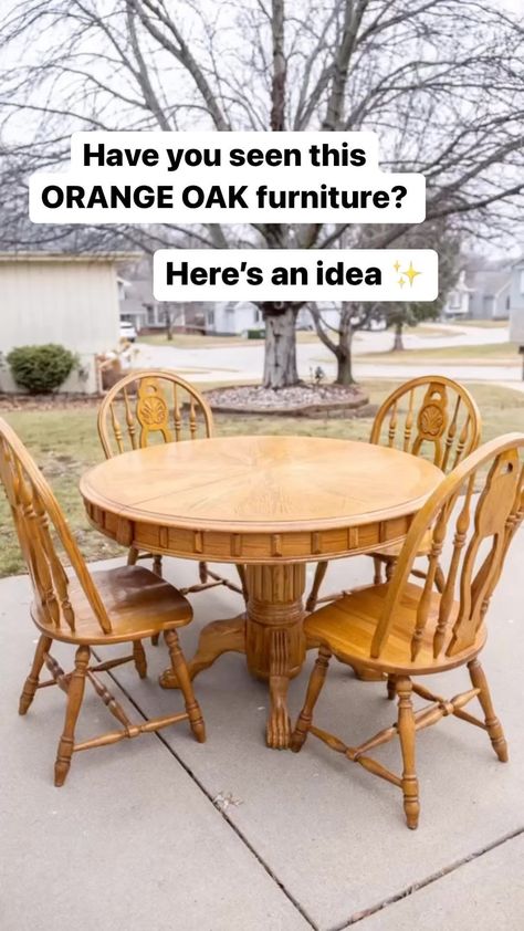 Lauren Hull | furniture flipping teacher | Transform your Kitchen Table set ✨ Here’s some inspiration and a how-to for your old outdated orange and oak furniture. This type of… | Instagram Refurbished Kitchen Tables, Oak Table And Chairs, Antique Kitchen Table, Painted Dining Room Table, Refurbished Table, Dining Room Table Makeover, Old Kitchen Tables, Refinished Table, Kitchen Table Oak