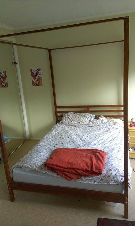 We hacked the IKEA TARVA bed into a four poster bed. The four legs were exchanged against four long legs of same with (42*42mm). Ikea Canopy Bed Hack, Tarva Ikea Bed, Tarva Bed, Rental Updates, Bed Frame Hack, Tarva Ikea, Brimnes Bed, Bedroom Attic, Ikea Bed Hack