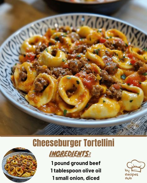 Cheeseburger Tortellini Cheeseburger Meatloaf, Cheesy Tortellini, Baked Meatloaf, Crockpot Meatloaf, Cheesy Hashbrown Casserole, Cheeseburger Pasta, Mexican Casserole Recipe, Chicken Parmesan Pasta, Tortellini Recipes