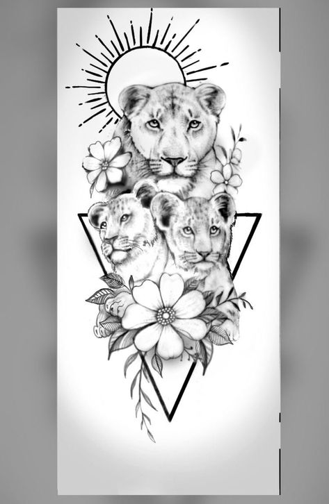 Lioness Sun Tattoo, Lion And Her Cubs Tattoo Mothers, Half Lion Half Lioness Tattoo, 2 Cubs Tattoo, Momma Lion And Cub Tattoo, Lion And Cubs Tattoo For Women, Lion With Cubs Tattoo, 3 Lions Tattoo, Tattoo Ideas Female Lion