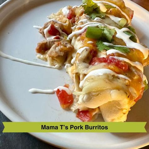 Mama T's Pork Burrito Recipe – Paradise Locker Meats Pork Burrito Recipe, Pork Burritos, Pork Stock, Mexican Crema, Burrito Recipe, Tomatillo Salsa, Burritos Recipe, Mexican Cheese, Pork Tenderloin