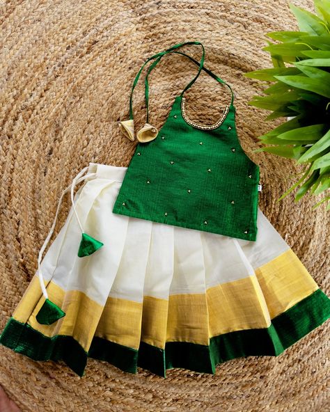 Kasavu Lehenga, Onam Dress, Onam Special, Dresses Birthday, Full Gown, Partywear Dresses, Green Lehenga, Traditional Attire, Kids Store