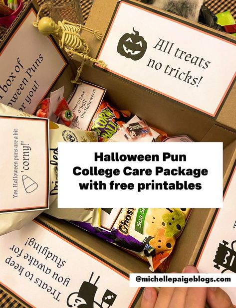 Pack up some Halloween treats and puns for your favorite college kid. Find free printables @michellepaigeblogs.com Halloween Care Package College, Christian Halloween Gifts, College Gift Boxes, College Printables, Halloween Care Packages, Christian Halloween, Halloween Puns, Halloween Printables Free, College Days