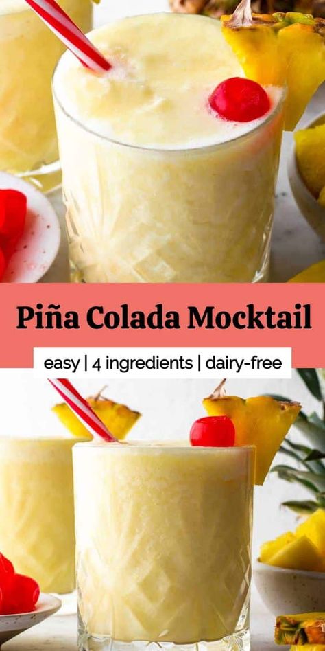 This Piña Colada Mocktail recipe has all of the tropical goodness you're craving this summer. With pineapple and coconut flavors, this mocktail is thick, creamy, and so fun to drink, even without a drop of alcohol! Pina Colada Mocktail, Pina Colada Drinks, Vegan Cocktails, Vegan Drinks Recipes, Pina Colada Recipe, Pineapple And Coconut, Banana Nice Cream, Alcohol Free Drinks, Vegan Recipes Beginner