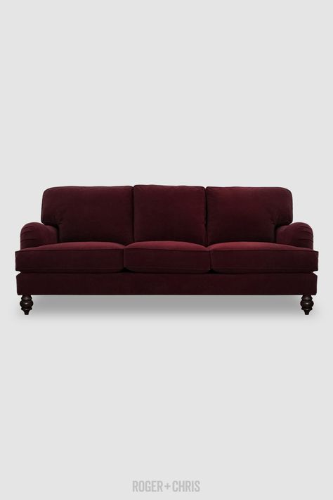 Blythe pillow back English roll-arm sofa in Crosby Merlot stain-proof red velvet | ROGER + CHRIS Red Velvet Couch, Velvet Seating, Red Velvet Sofa, Burgundy Sofas, Red Velvet Chair, Tight Back Sofa, English Sofa, English Roll Arm Sofa, Velvet Sofas