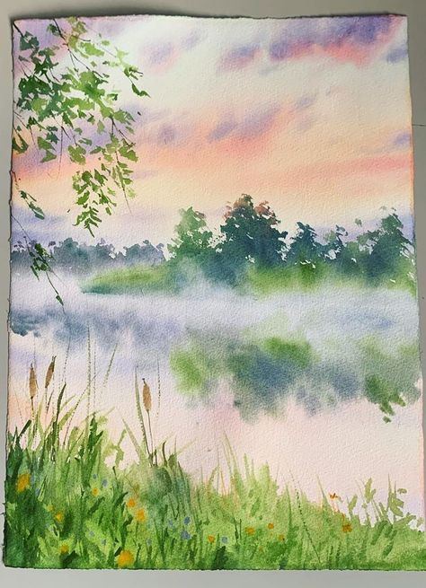 Wet On Wet Landscape Watercolor, Landscape Water Paintings, Grass Painting Watercolor, Watercolour Lake Landscape, Watercolor Painting Forest, Watercolour Spring Landscape, Spring Landscape Watercolor, Watercolor Reflections In Water, How To Paint Grass Watercolor