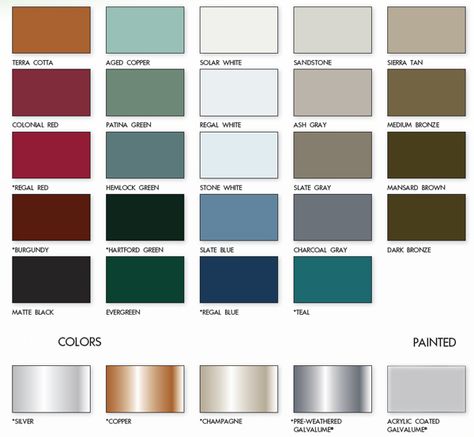 Metal Roofs Color Chart | Metal Roof Color Chart from Armor Metal Roofing Blue Metal Roof, Farmhouse Exterior Colors, Exterior Siding Colors, Exterior House Siding, Metal Roof Colors, Exterior House Renovation, Roof Paint, Metal Roofs, Roof Ideas