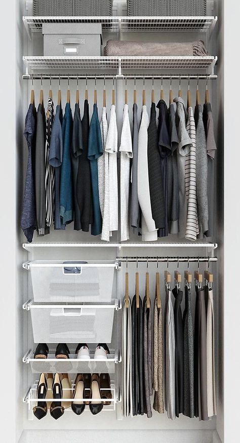 Elfa Small Closet Ideas, Elfa Reach In Closet, Wordroab Organizing Ideas, Elfa Closet Ideas Small Spaces, Elfa Closet Ideas, Reach In Closet Organization, Small Clothes Closet Organization, Minimalist Closet Organization, Small Clothes Closet