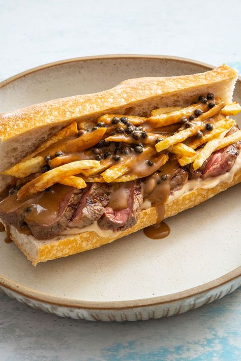 This sandwich is based on the classic steak, frites and sauce combination. We make a rich peppercorn sauce with two types of peppercorns and use it to make a peppercorn sauce mayonnaise, then serve the rest on the side in the style of a French dip. Of course, the sauce is perfect for dunking the extra chips into, too. Steak Frites Sandwich, Pub Style Recipes, Pub Grub, Mayo Recipe, Veal Recipes, Peppercorn Sauce, Sandwich Bar, Great British Chefs, Steak Frites