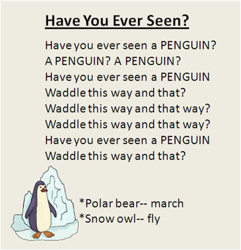 "Have You Ever Seen?" Polar animal movement song, great for the Winter season. To the tune "Did You Ever See a Lassie?" Arctic Animals Preschool, Art Ideas For Kids, Bear Songs, Movement Songs, January Art, Circle Time Songs, Preschool Prep, Kindergarten Songs, Winter Music