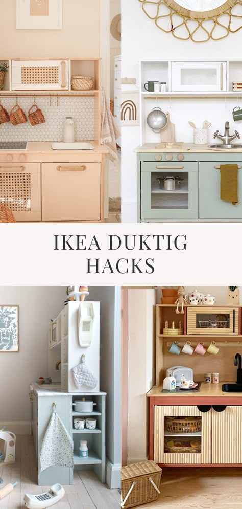 Take your child’s pretend play to the next level with these clever IKEA Duktig hacks. #ikeaduktighacks #ikeaplaykitchenhack #ikeahack #kidsroom #playroom #kidskitchen #hacks Ikea Grocery Store Hack, Sunnestra Ikea Hack, Ikea Duktig Kitchen Makeover, Montessori Play Kitchen Diy, Kids Kitchen Storage Ideas, Kallax Play Kitchen, Playroom Diy Ideas, Kids Ikea Kitchen Hack, Diy Ikea Play Kitchen