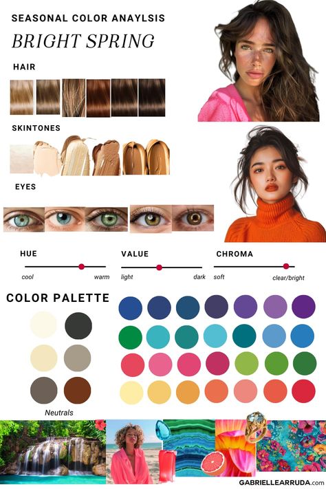 This easy and simple season color analysis for women will improve your look and style. Find your seasonal color palette that works best for your complexion. 12 season color analysis, winter, spring, autumn, and summer. Season color palettes and how to find out which season you are. Warm or cool undertones, hair tones, and eye color charts for each season color. clear spring, warm spring, light spring, light summer, cool summer, soft summer, soft autumn, warm autumn, deep autumn, deep winter, ... Clear Spring Color Analysis, Bright Spring Color Palette Hair, Spring Color Season Palette, Bright Spring Color Season, Bright Spring Fashion, Bright Spring Color Palette Makeup, Bright Spring Colour Palette, Bright Spring Color Analysis, Clear Spring Hair Color