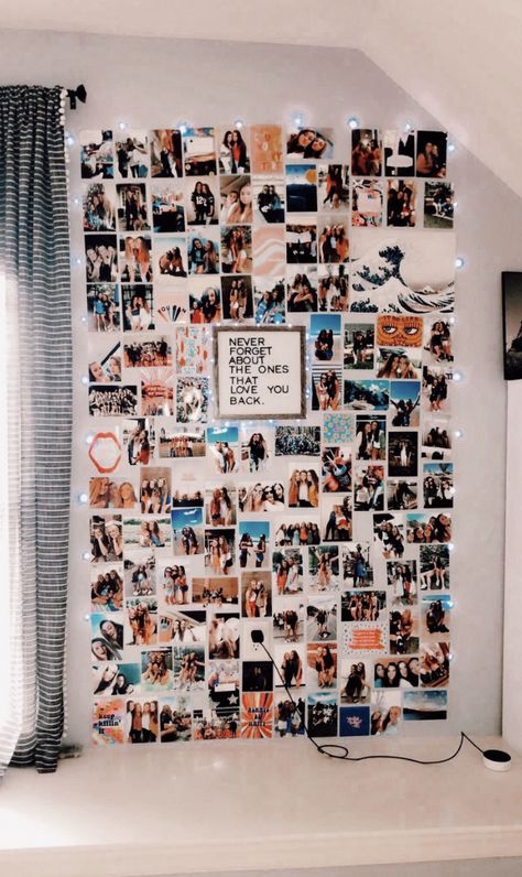 Bedroom Inspirations Picture Wall, Decor With Polaroid Pictures, Print Out Picture Wall Ideas, Cute Picture Walls Room Ideas, Aesthetic Wall In Bedroom, Room Decor Pictures Wall Inspiration, Room Ideas Aesthetic Pictures, Wall Photo Collage Bedroom, Cute Things To Do With Printed Photos