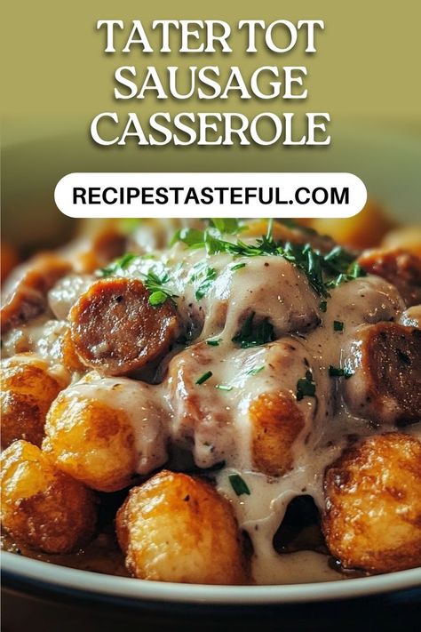 This hearty Tater Tot Sausage Casserole is a comforting, crowd-pleasing dish that's perfect for busy weeknights. Packed with savory ground sausage, creamy mushroom soup, and topped with crispy tater tots, it's sure to become a family favorite. Sausage Tator Tot Recipes, Sausage And Tater Tot Recipes, Smoked Sausage And Tater Tots Recipes, Tator Tot Sausage Gravy Casserole, Tater Tot Sausage Casserole, Sausage Tater Tot Casserole, Sausage Dinner Recipes, Tator Tot Recipe, Sausage Gravy Casserole