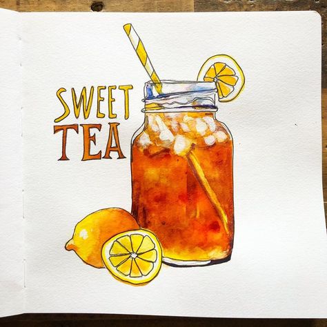 Sweet Tea Illustration, Sweet Tea Drawing, Foyer Art, Tea Painting, Watercolor Pencil Art, Tea Illustration, Tea Pitcher, Pizza Boxes, Watercolor Pencils