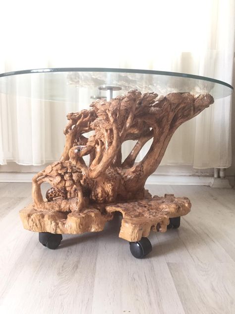 Wood stump table, root table, coffee table, wood stump table base, rustic table, glass table top Root Tables, Tree Trunk End Table, Large Wood Stump Coffee Table, Tree Stump Coffee Table Glass Top, Teak Tree Root Table, Wood Root Coffee Table, Root Table, Cabin Vibes, Wood Stumps