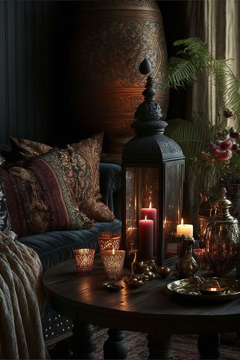 bohemian living room decor with candles lanterns Moody Eclectic Decor, Candle Decor Living Room, Dark Boho Bedroom, Dark Boho Living Room, Eclectic Decor Bedroom, Living Room Candles, Moody Decor, Dark Home Decor, Boho Living Room Decor